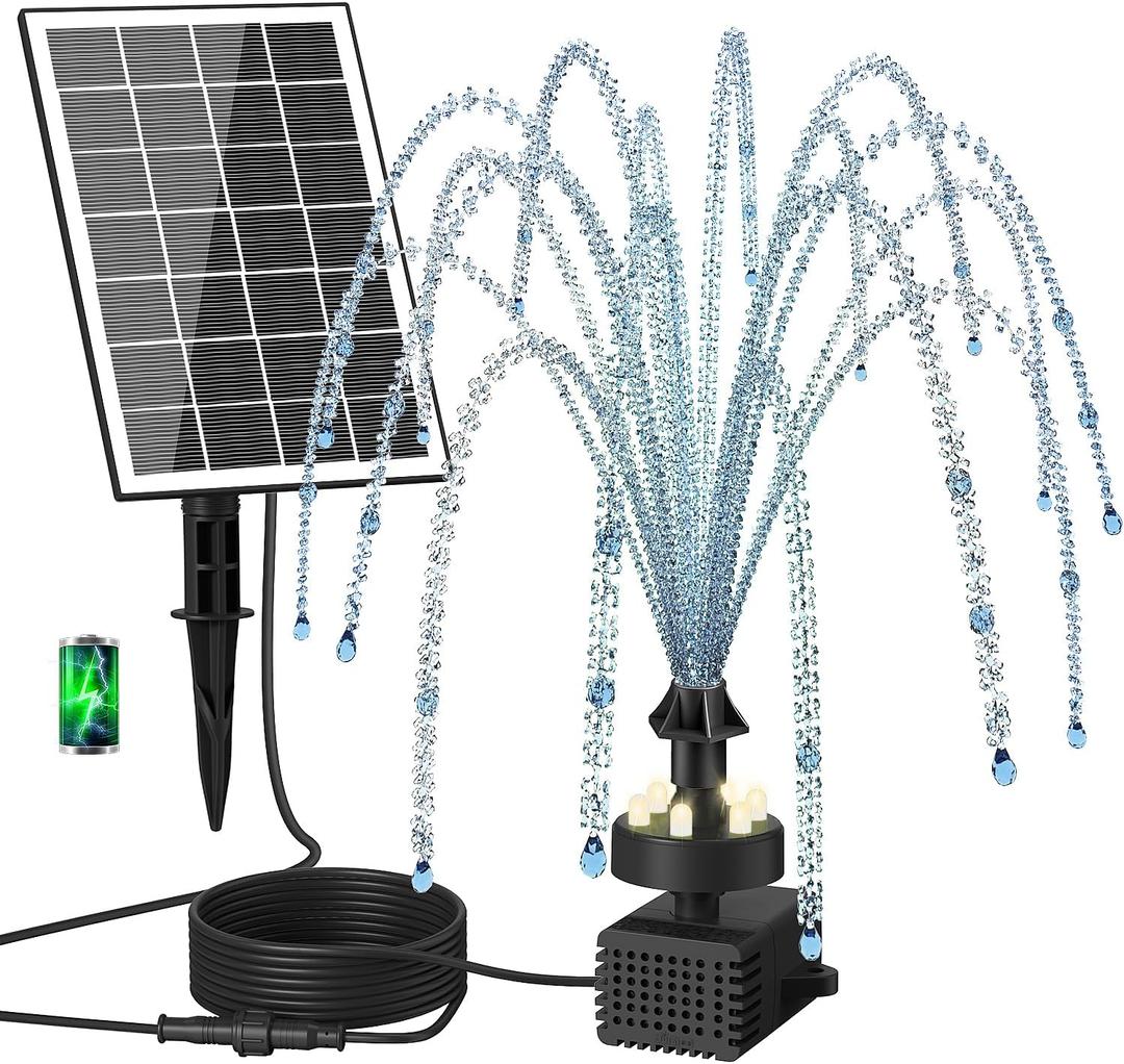 Solar Fountain Pump with Adjust Glass Panel, Upgrade 3.5W Solar Water Pump with Stake, 16.4ft Cable, 2000mAh Battery, White LED Lights, Solar Powered Fountain Kits for Bird Bath, Hummingbird