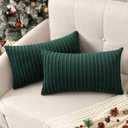 UGASA Christmas Velvet 12x20 Inch Lumbar Soft Throw Pillow Covers Decorative Striped Corduroy Both Sides Rectangular Cushion Cases Boho Farmhouse for Couch Bedroom Sofa Home, Pack of 2, Dark Green