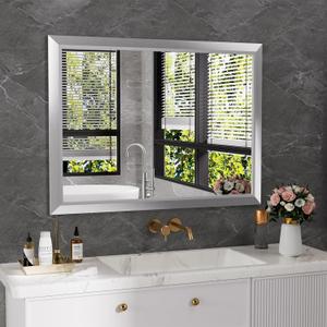 Amorho 40x30 Inch Bathroom Mirror Silver, Thick Metal Framed Wall Mirrors for Over Sink, Brushed Nickel Mirror Perfect for Bedroom, Living Room, Entryway, Rectangle (Horizontal/Vertical).
