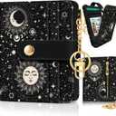 Sun and Moon Rfid Women Wallet, Small Slim Thin Credit Card Wallet, PU Leather Bifold Cash Zipper Coin Pocket ID Window for Female Ladies Teen Girls Girly