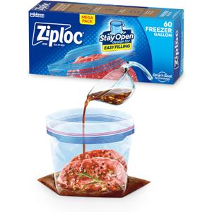 Ziploc Gallon Food Storage Freezer Bags, Stay Open Design with Stand-Up Bottom, Easy to Fill, 60 Count
