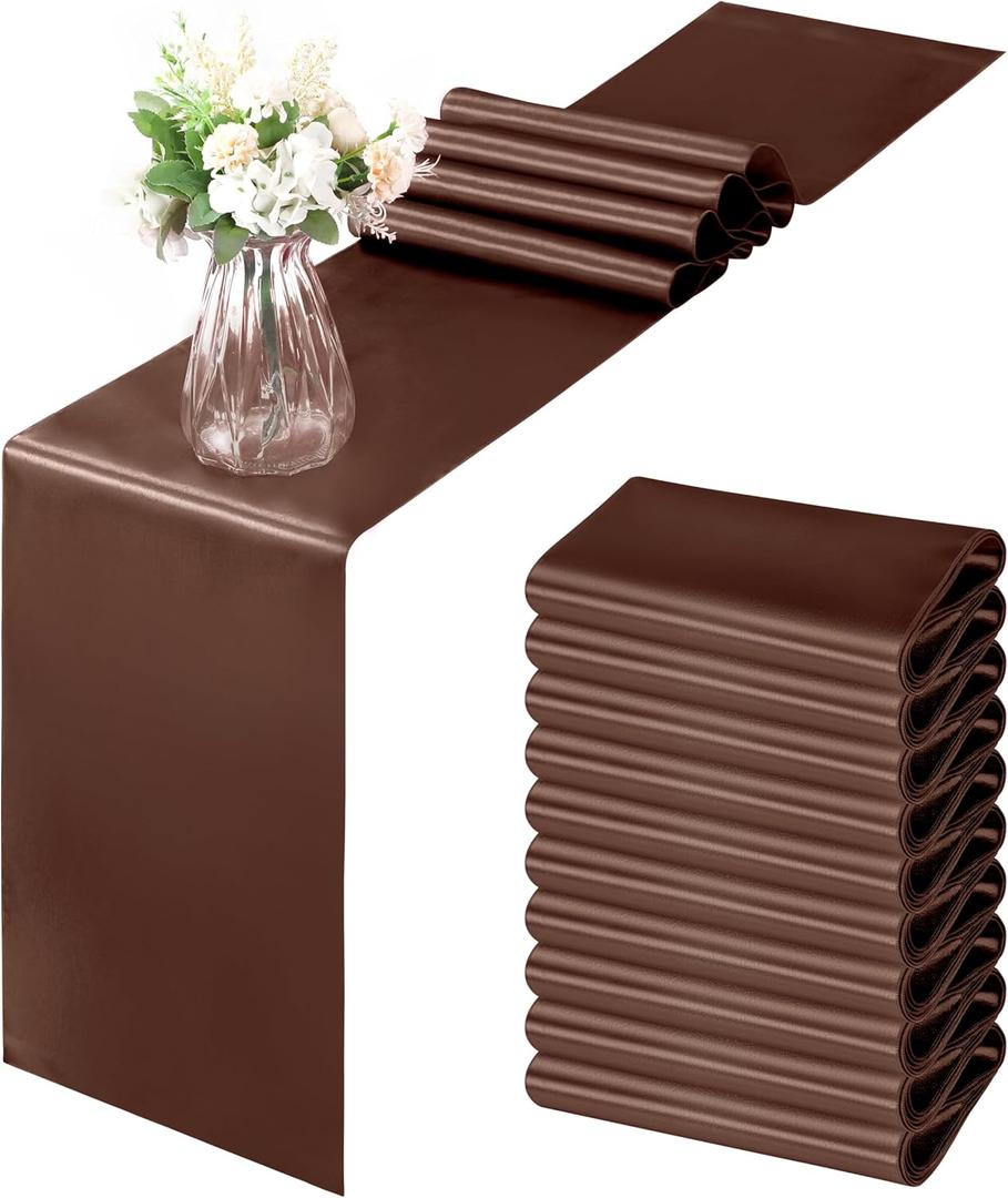 Horbaunal 12 Pack Brown Satin Table Runner 12 x 108 Inch, Smooth Table Runners for Wedding Banquets Birthday Party