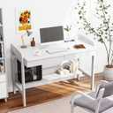 100% Solid Wood Desk with Drawers - 40 Inch Simple Modern Desks, Writing Desk with Drawers & Shelf, Work Study Table, Adjustable Height Home Office Computer Desks - White, 40.5 in W x 23.6 in D
