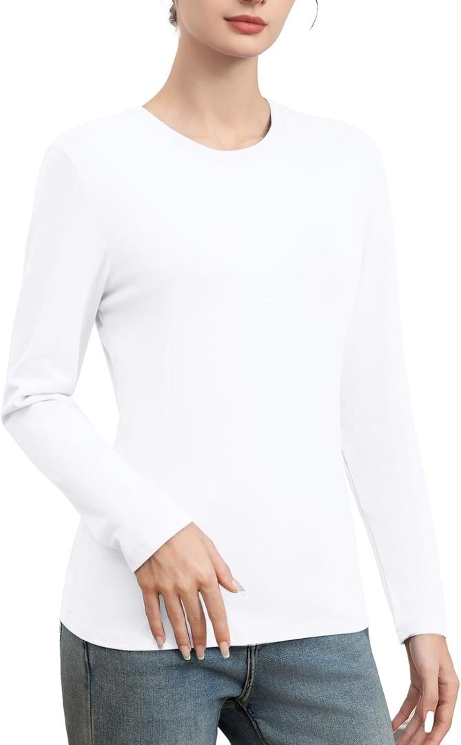 Cotton Long Sleeve Shirts for Women Slim Fit Basic Tees Underscrub Tshirts Crewneck Undershirts Casual Plain Tops (Medium, White)