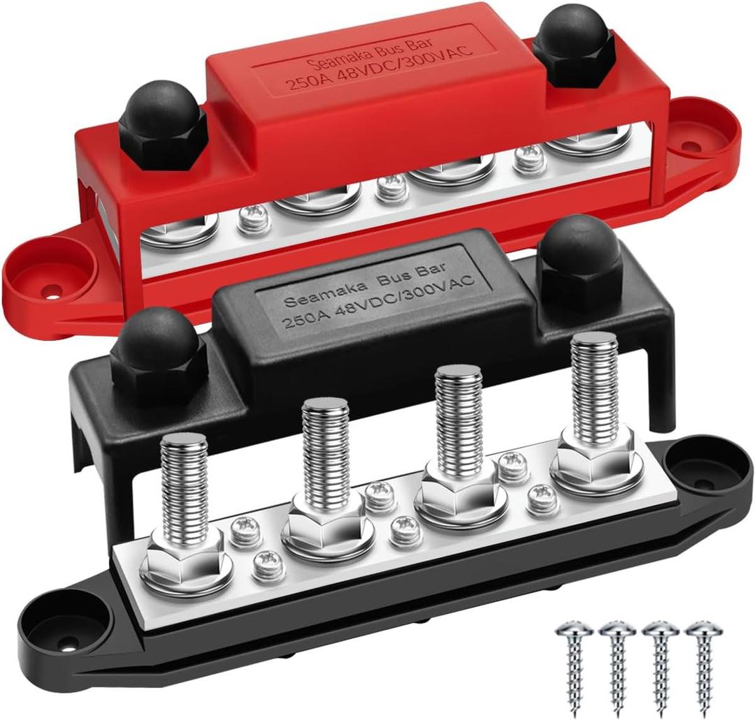 250A 12V Bus Bar Marine Power Distribution Block with Cover with 4 x 3/8Post 6 x #8 Screws Terminals,Battery Bus Bar (Pair,Red & Black),Automotive Busbars 12 Volt for Car Boat Solar Wiring