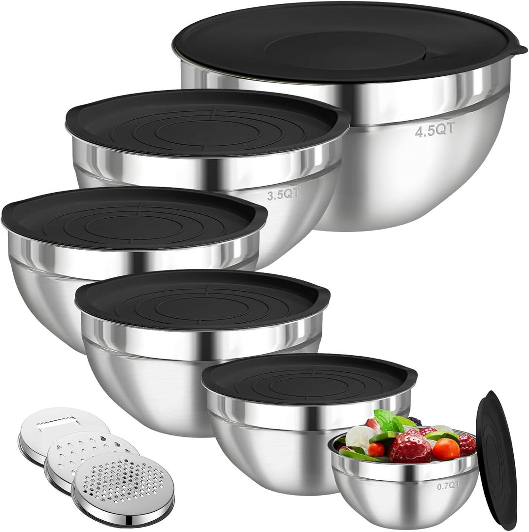 Mixing Bowls with Lids Set, 6 PCS Stainless Steel Mixing Bowls with 3 Grater Attachments, Kitchen Food Storage Organizers Nesting Mixing Bowl, Large Size 4.5, 3.5, 2.1, 1.5, 1.1, 0.7QT, Black