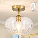 Gold Semi Flush Mount Ceiling Light Fixture Vintage Ceiling Light Fixture Farmhouse Globe Glass Mid Century Textured Glass Hallway Fixture for Bathroom Entryway (Bulb Incl.)