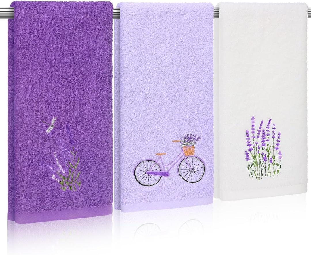 SmoothNovelty 3pcs Purple Lavender Hand Towels for Bathroom 14 x 29 Inch Embroidered Lavender Bathroom Towels Summer Cotton Soft Absorbent Decorative Kitchen Cloth for Drying Cleaning Cooking