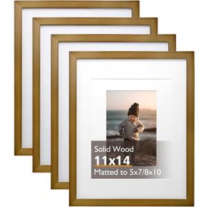 KINLINK 11x14 Picture Frame Brown, Solid Wood Frames with Acrylic Plexiglass for Pictures 5x7/8x10 with Mat or 11x14 without Mat, Tabletop and Wall Display, Set of 4