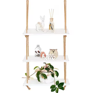 3 Tier Wall Hanging Shelf White - Wood Hanging Shelves for Wall - Floating Shelves for Bedroom Living Room Bathroom Kitchen - Hanging Plant Shelf - Rope Triangle Window Farmhouse Tall Shelf