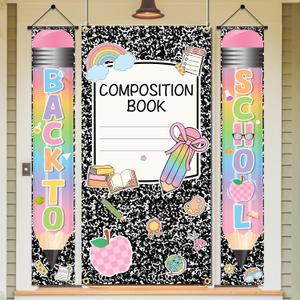 3 x Composition Notebook Classroom Decor Door Banner, Back To School Decorations with Classroom Door Cover and Pencil Porch Banner, Back To School Door Cover for First Day of School Decorations
