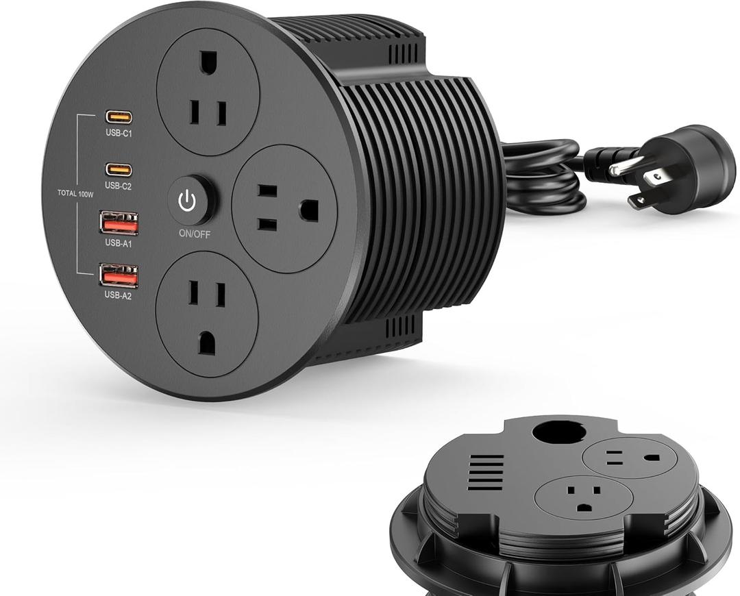 Desktop Power Grommet with 100W USB C, Double-Side Recessed Charging Station Plug in 5AC Outlets & 4 USB Ports, 4-Inch Hole Furniture Flush Mount for Countertop Black