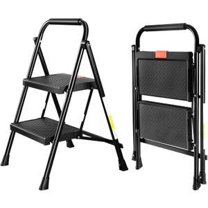 Valeo 2 Step Ladder, 2 Step Ladder for Adults with with Safe-Lock Design, Wide Anti-Slip Pedal, 500lbs Sturdy Steel Ladder, Step Stool Foldable with Cushioned Handle,Black