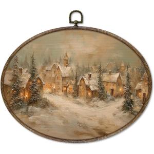 XNXLDYLH Vintage Winter Christmas Scene Oval Framed Wall Art Decor, Winter Christmas Town Village Cabin Cottage Hanging Wall Decor Decorations, Country Farmhouse Canvas Prints Art Paintings,11.5x8.5In