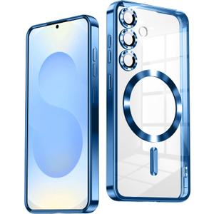 Slim Thin for Samsung Galaxy S25 Case, Compatible with MagSafe, Built-in Camera Lens Protector, Shockproof Protective Phone Case, Soft Electroplated Clear Phone Cover, Sapphire Blue