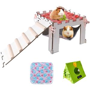 Guinea Pig Hideout with Hammock, Large Wooden Guinea Pigs House with Stairs and Mats, Detachable Guinea Pig Hide for Small Animals Chinchilla Ferret Hamster Habitats Accessories