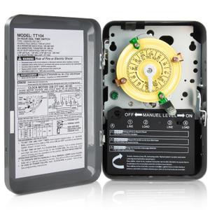 T104 Electromechanical Timer Switch for Lights, Fans, HVAC, 208-277 VAC 40A DPST, 5HP, 12 ON/Off Cycles, Tripper Included  Heavy Duty Pool Timer