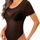 Women's Mesh Bodysuit Short Sleeve Top Crew Neck Sheer T Shirt Body Suit Leotard Blouse, Black, Size 2XL)
