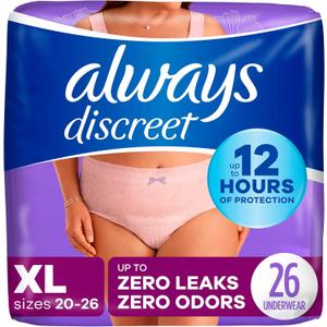 Always Discreet Adult Incontinence & Postpartum Underwear for Women, Classic Cut, Size Extra-Large, Maximum Absorbency, Disposable, 26 Count 