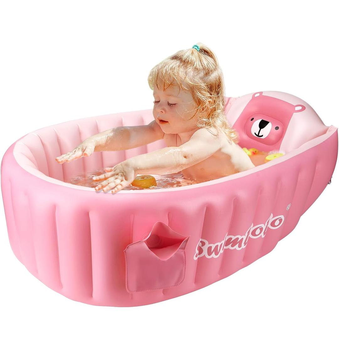 Inflatable Baby Bathtub Infant Anti-Slip Bath Seat Pool with Air Pump Travel Camping Portable Toddler Bath Tub Age 0-5 Years Old (Pink)