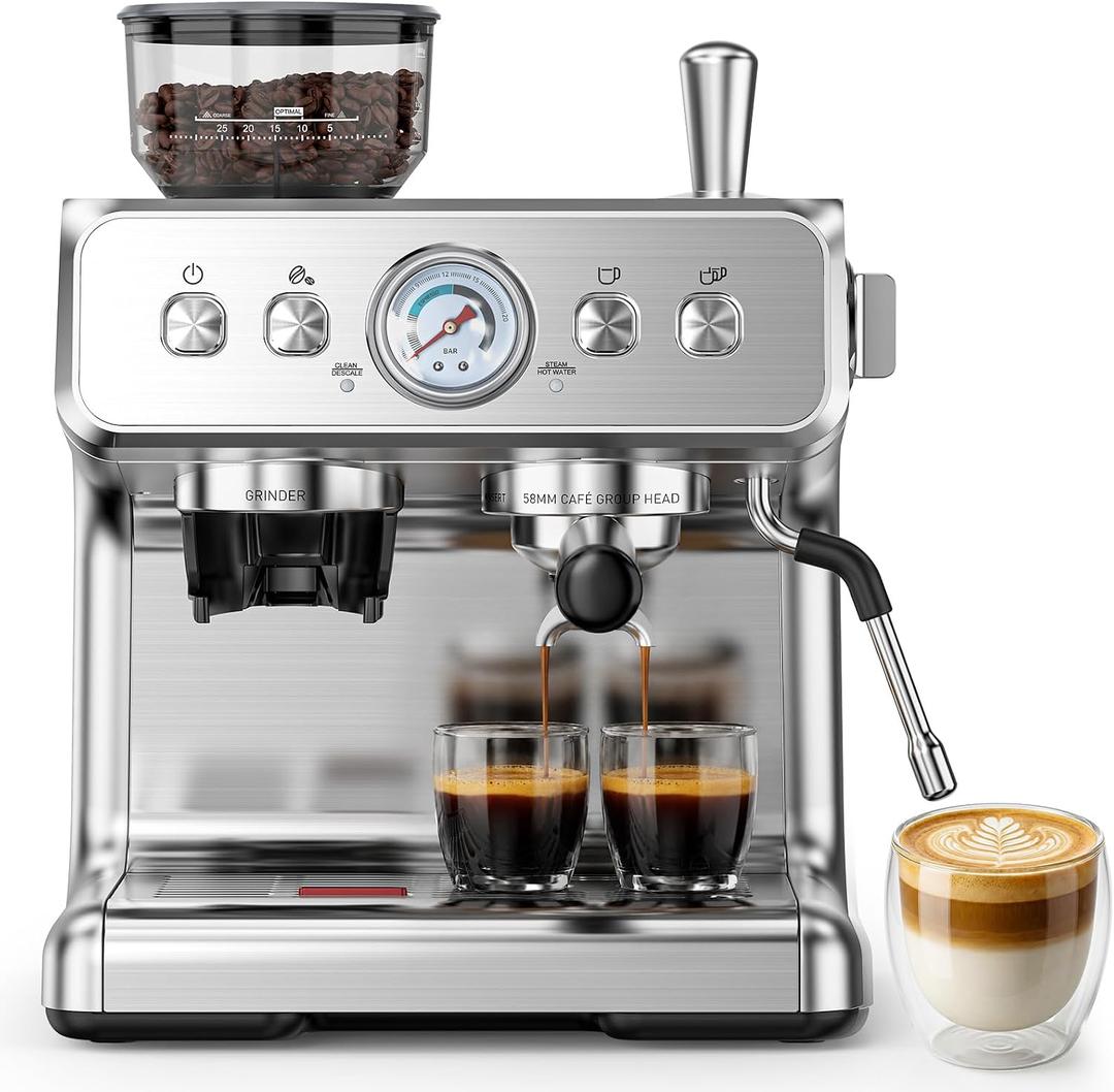 COWSAR 20 Bar Espresso Machine with Grinder & Milk Frother Steam Wand, 58mm Expresso Coffee machines, Commercial Stainless Steel Coffee Maker for Cappuccino and Latte, Perfect for Home Caf (EXP 02/04/26)