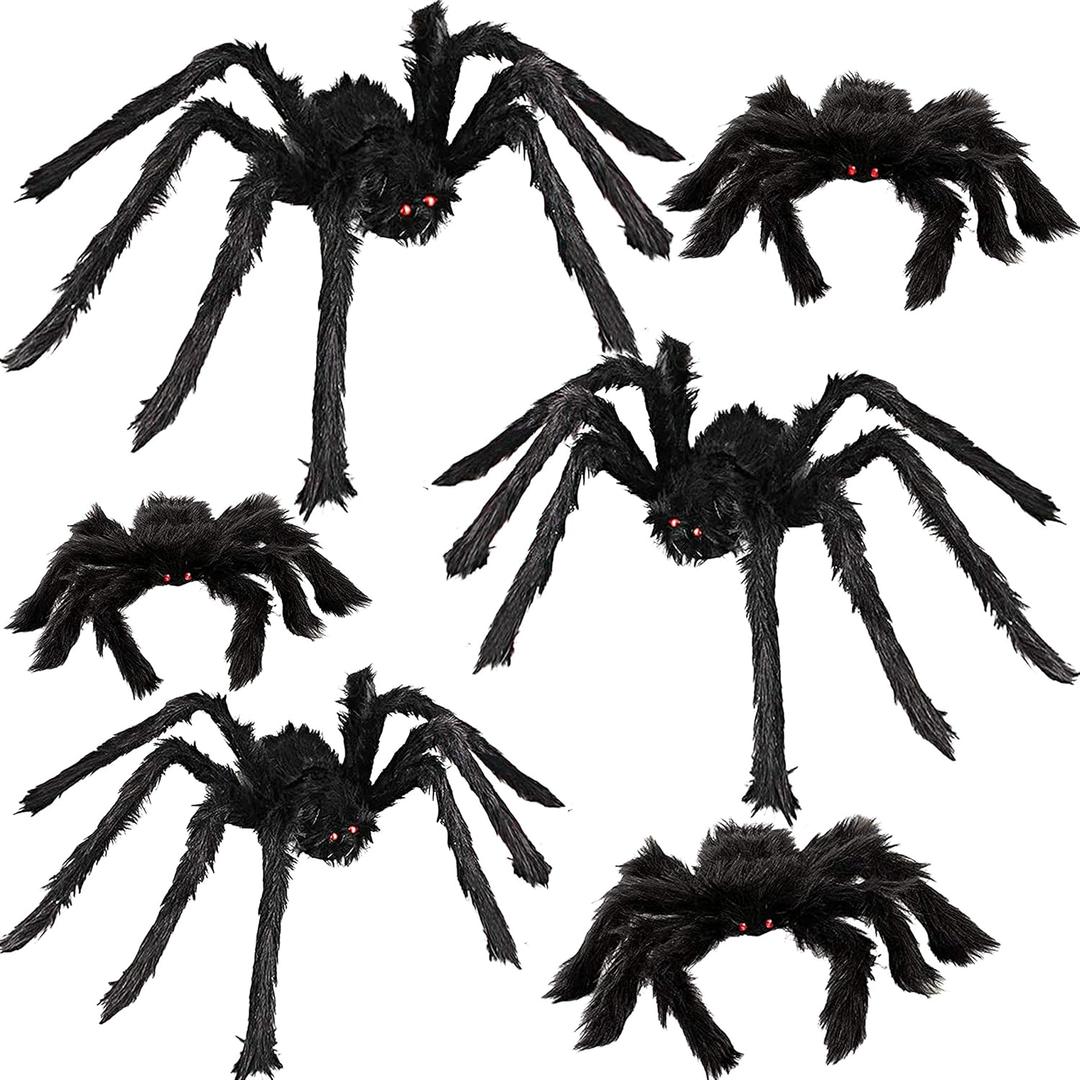 6 Halloween Spider Decorations, Realistic Hairy Spiders Set, Giant Scary Spider Props for Yard, Indoor and Outdoor Creepy Decor, Home Party Decorations (36 30 24 18 18 12)