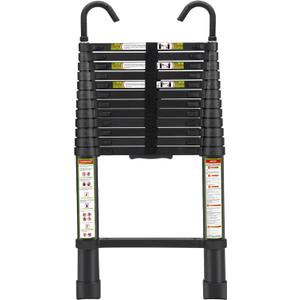 RIKADE Telescopic Ladder, 12.5 ft Aluminum Telescoping Ladder with Non-Slip Feet and Stable Hook, Portable Extension Ladder for Household and Outdoor Working, Max Load 330 lb, Black
