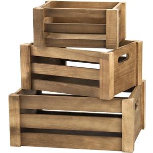 Lawei Set of 3 Wood Nesting Storage Crates with Handle, Rustic Farmhouse Decorative Wooden Crates Distressed Crates Storage Container for Display, Large Vintage Wood Decor Crates Wooden Baskets