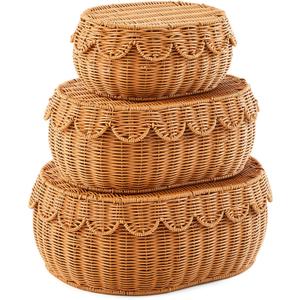 Juexica 3 Pcs Scalloped Rattan Baskets, Woven Rattan Wicker Storage Baskets with Lid for Nursery Storage Diaper Organizer Bathroom Decor (Dark Brown,Small,Medium,Large)