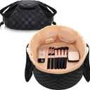 Drawstring Makeup Organizer Bag,Large Lay Makeup Bag,Portable Waterproof Leather Travel Drawstring Bags - Durable, Machine Washable Toiletry Bag for Travel (Checkered Black Large)