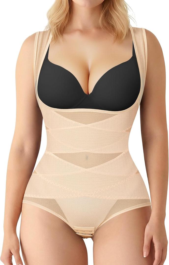 BRABIC Mesh Shapewear Bodysuit Tummy Control for Women Plus Size Faja Body Shaper Bodysuit Butt Lifter (Beige, XXL)