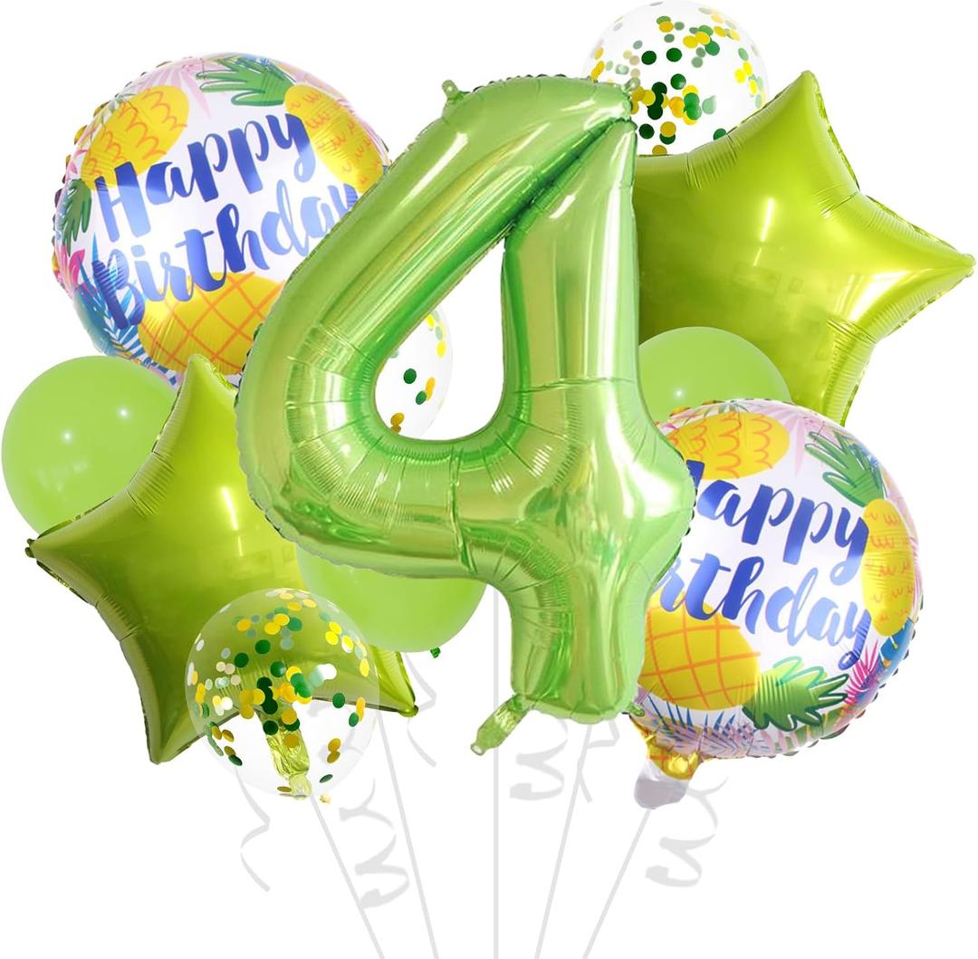 32 Inch 4 Balloon Number, Fruit Green and Gold Confetti Latex Foil Mylar Balloons for Anniversary Supplies Kids Birthday Party