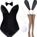 Anime Womens Bunny Girl Costume One Piece Bodysuit Halloween Cosplay Catsuit Bunny Headband Stockings Set (Large, Black)