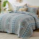 Qucover King Size Quilt Bedding Set, Teal Blue Striped Reversible Boho Quilt Sets, 3pc Lightweight Microfiber Oversized King Bedspread Coverlet for All Season, Bohemian Bedroom Decor