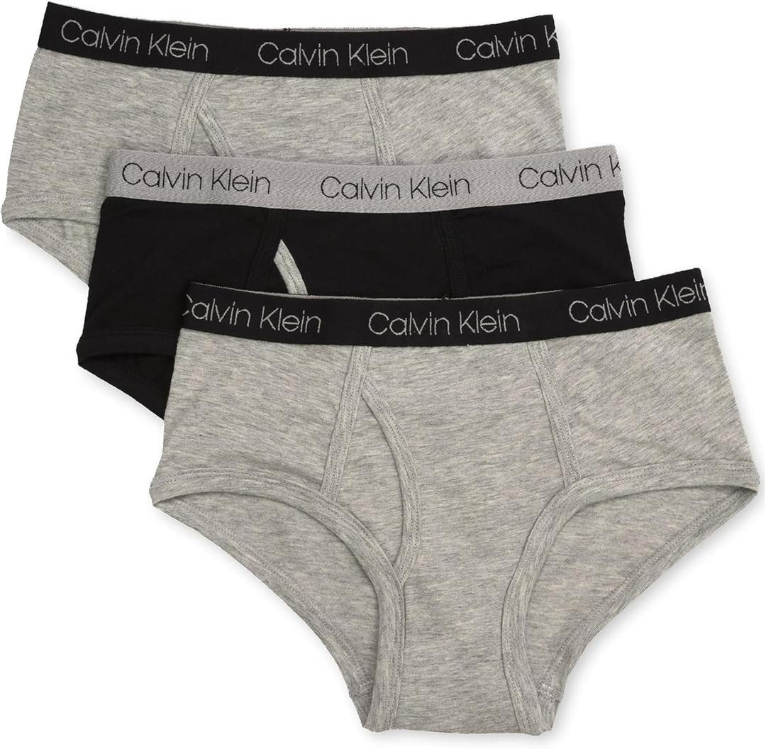 Calvin Klein Boys' Little Modern Cotton Assorted Briefs Underwear 3 Pack (X-Large, Heather Grey, Black, Heather Grey)