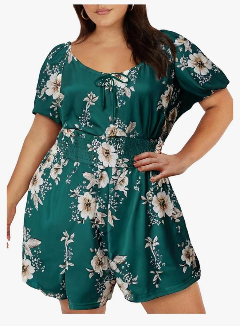 Eytino Plus Size Jumpsuits for Women Loose Summer Smocked Square Neck Sleeveless Short Rompers with Pockets 4X