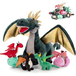 7Pcs Giant Dark Green Dragon Plush Toy, 21.7" Big Mother Dragon Stuffed Animal with 4 Babies & 2 Eggs, Stuffed Dinosaurs for Kids Boys Girls, Cute Soft Plushies Gift for Birthday Christmas