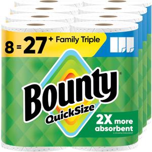 Bounty Quick-Size Paper Towels, White, 8 Family Triple Rolls = 27 Regular Rolls