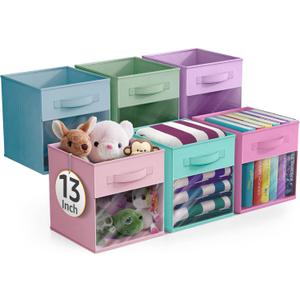 Sorbus 13 Inch Storage Bins with Clear Window - 6 Foldable Baskets for Organizing Clothes, Toys, Books - Sturdy Collapsible Fabric Storage Cubes with Handle - Storage Baskets for Shelves, Closets (Pastel Multi-Color 2 with Window)