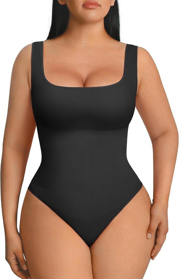 FeelinGirl Bodysuits for Women Seamless Square Neck Tummy Control Compression Thong Shapewear Bodysuit Tank Tops Bodysuit (Black, XL)