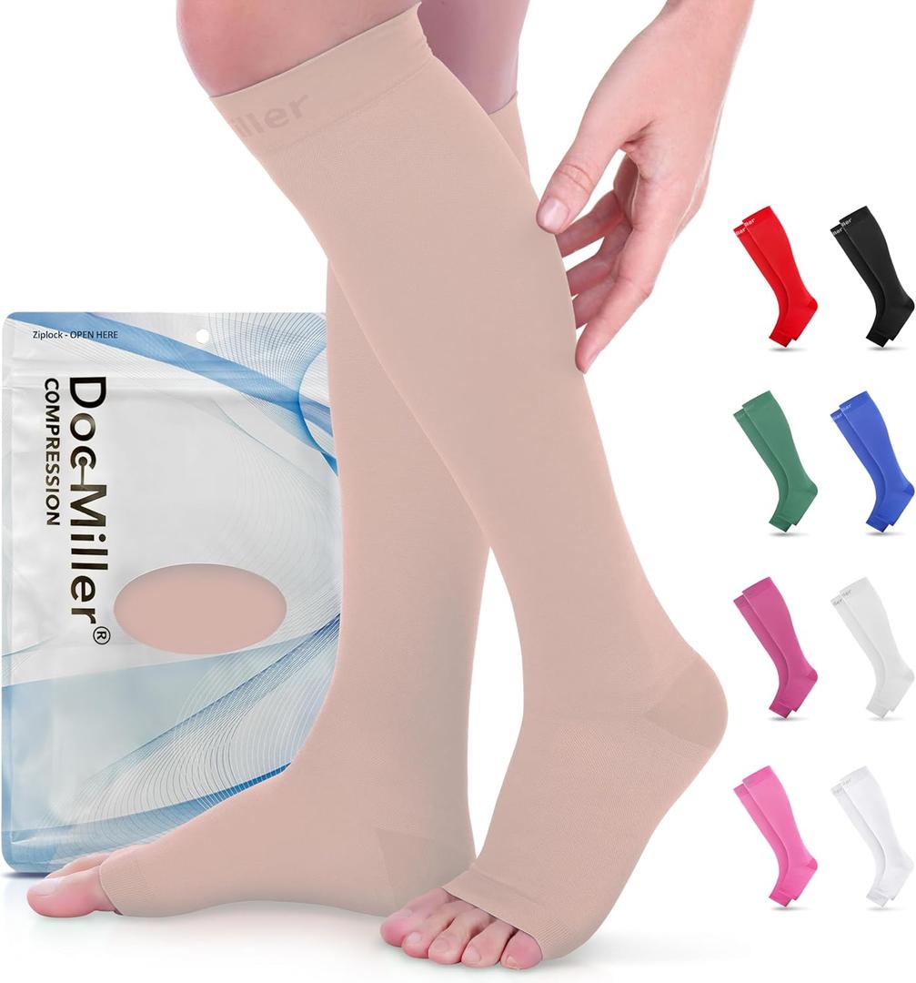 Doc Miller Open Toe Compression Socks for Women & Men 1520 mmHg, Knee High Calf Support Sleeves, Graduated Stockings for Swelling Recovery, Circulation, 1 Pair (Large Regular, Beige)