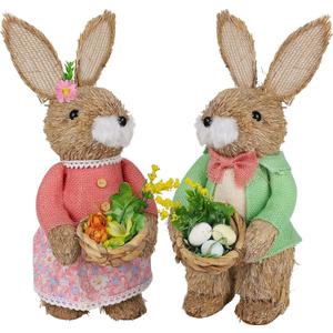 Juegoal Set of 2 Easter Standing Bunny Couple, 13.8" Handmade Straw Bunny Figurine, Easter Rabbits Tabletop Statues, Cute Rabbit Photo Props Gifts for Office Kitchen Farmhouse Spring Home Decor