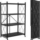 Lifetime Home 4-Tier Foldable Storage Shelf with Wheels - Metal Rack Collapsible Shelving Unit Display, Rolling Cart for Books Kitchen Storage Shelves, Pantry & Closet Organizer, Office Room Decor (Black)