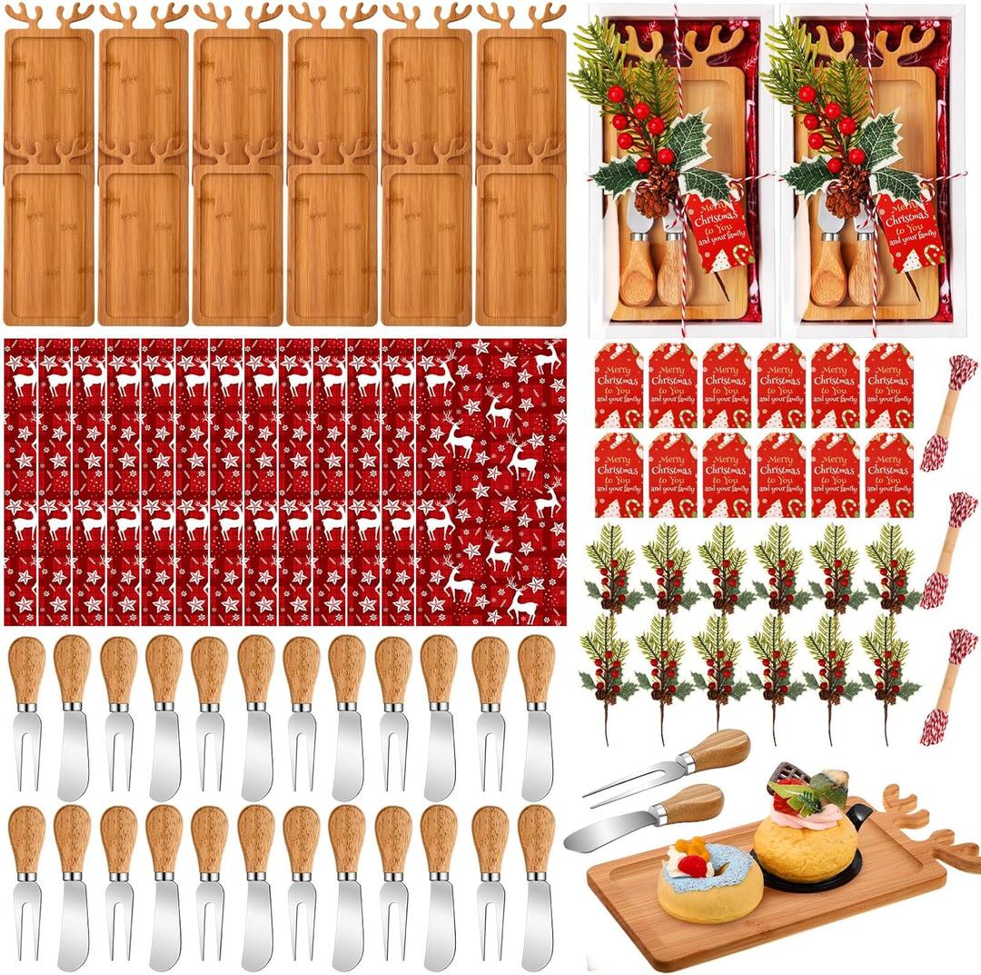 LemonRoad 12 Set Christmas Cutting Board Gift Christmas Reindeer Cutting Board with Knives Forks Kitchen Towels Merry Gift Tags Charcuterie Boards Bamboo Serving Tray for Xmas Birthday Party Favors