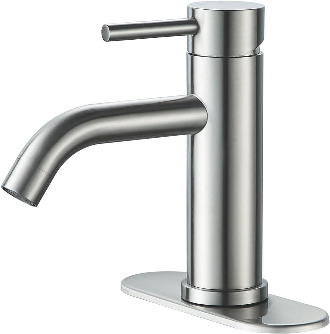 Bathroom Faucets One Hole Modern Sink Faucet Brushed Nickel, Single Handle Rv Bathroom Faucet with 3 Hole Deck Plate, Water Supply Lines