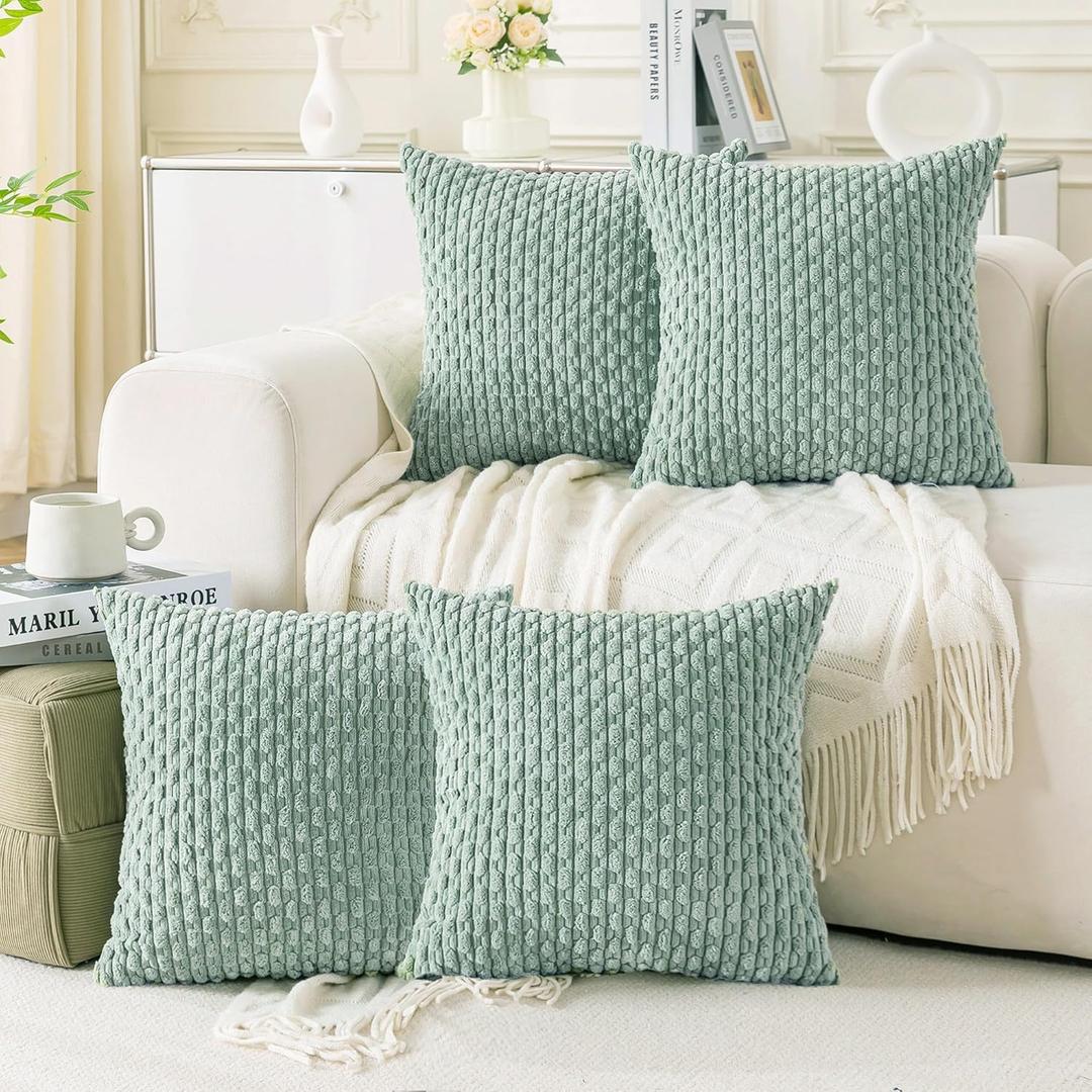 Set of 4 Aqua Decorative Throw Pillow Covers 18x18 Inch Corduroy Pillow Covers for Bed Couch Sofa Living Room Soft Square Cushion Cases (18" x 18" (Pack of 4), Light Teal)