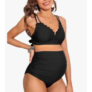 Charmo Scalloped Maternity Bikini Swimsuit Two Piece High Waist Ruched Pregnancy Bathing Suit Cute V Neck Swimwear Black, Size XL