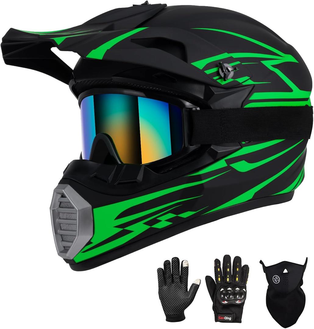 Youth Kids Motocross Helmet DOT Approved, Adult ATV Dirt Bike Off-Road Full Face Motorcycle Helmet with Goggles Gloves Mask for Boys Girls,Lightweight Breathable for Riding (Green, Medium)