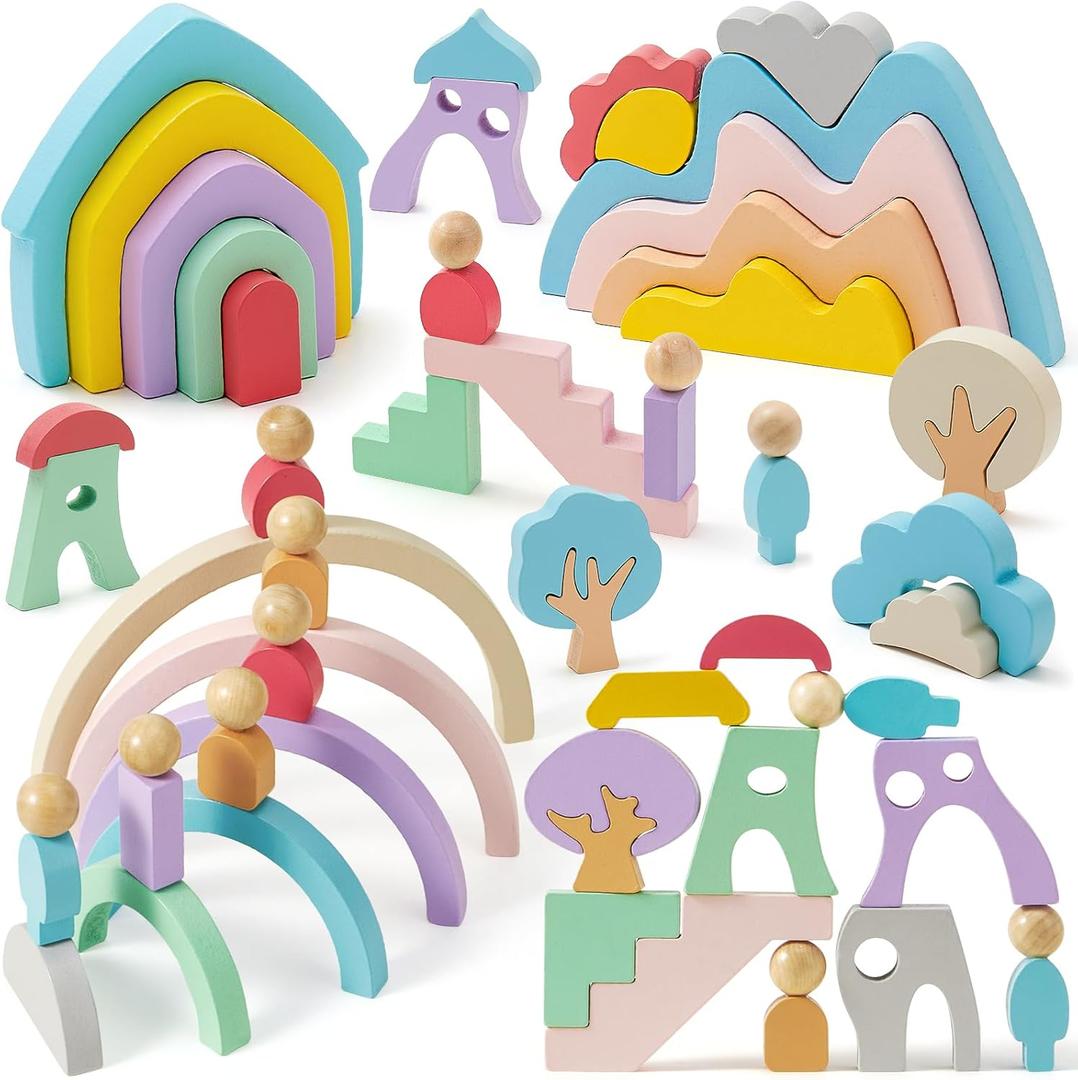 Lewo Wooden Building Blocks for Toddlers, 46 Pcs Montessori Stacking Toys with Rainbow/Little People/Tree/House/Mountain, Learning Toddler Toys Birthday Gifts for Baby Kids 3 4 5 Years Old