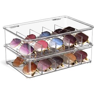 FUNGRINS Sunglasses Organizer, acrylic Clear Plastic Stackable sunglasses case with 5 Compartments, Glasses Organizer sunglasses holder for Multiple Pairs of glasses -2 Pack